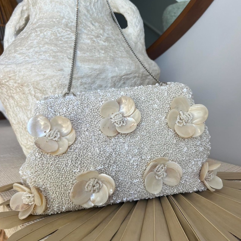 Viral Cream & Floral Seashell Accent Beaded Bag, NWT Made In India